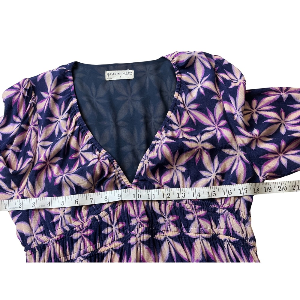 Electric & Rose Purple Geometric Floral V-Neck Smocked Maxi Dress Pockets L - Picture 6 of 9
